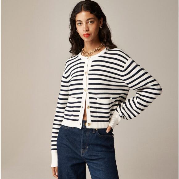 J.Crew New Relaxed Emilie Sweater Jacket Womens M White Navy Striped Cotton Knit - Picture 1 of 9